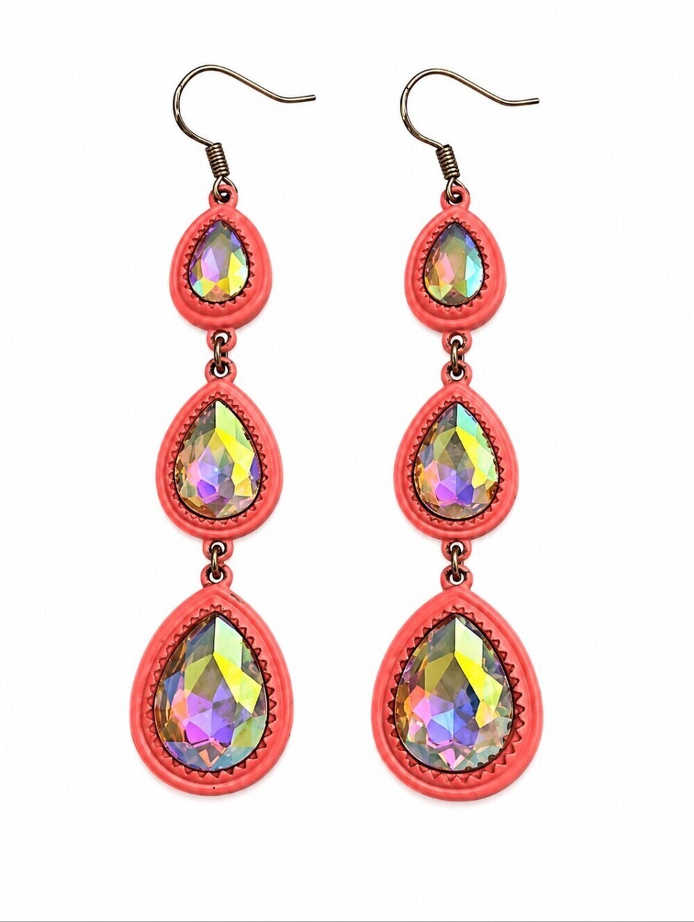 Vtg 1980s Neon Pink Aurora Borealis Metal Teardrop Festival Dangle Earrings